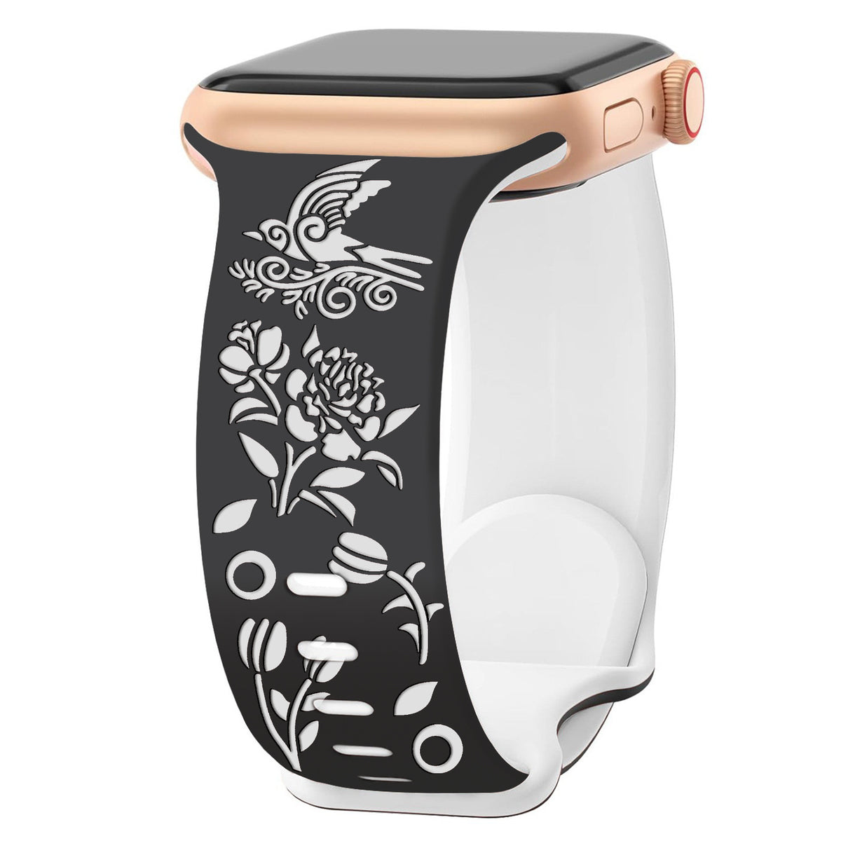 Iwatchs11 Laser-Engraved Silicone Butterfly Buckle Bird and Flower Watch Strap 8-Shaped Buckle Two-Color Watch Strap