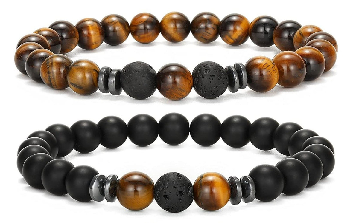 Popular Amazon European and American Men's Fashion Set, Stylish Tiger Eye Volcanic Stone Bracelet, White Pine Snowflake Bracelet, Versatile Accessories