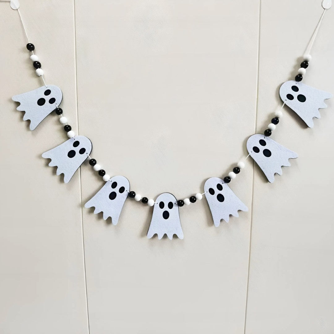 Halloween Garland Ghost Felt Hairball Wooden Bead Banner Halloween Fireplace Cape Window Home Party Decoration