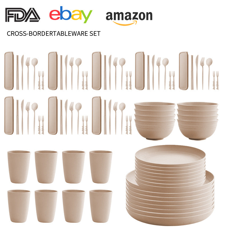 Cross-border Amazon Wheat Straw Tableware suit Black Plate Bowl Cup Knife and Fork Spoon Portable Tableware Bowl Plate suit