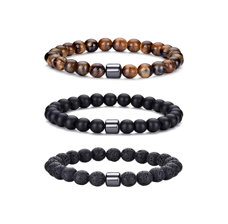 Popular Amazon European and American Men's Fashion Set, Stylish Tiger Eye Volcanic Stone Bracelet, White Pine Snowflake Bracelet, Versatile Accessories