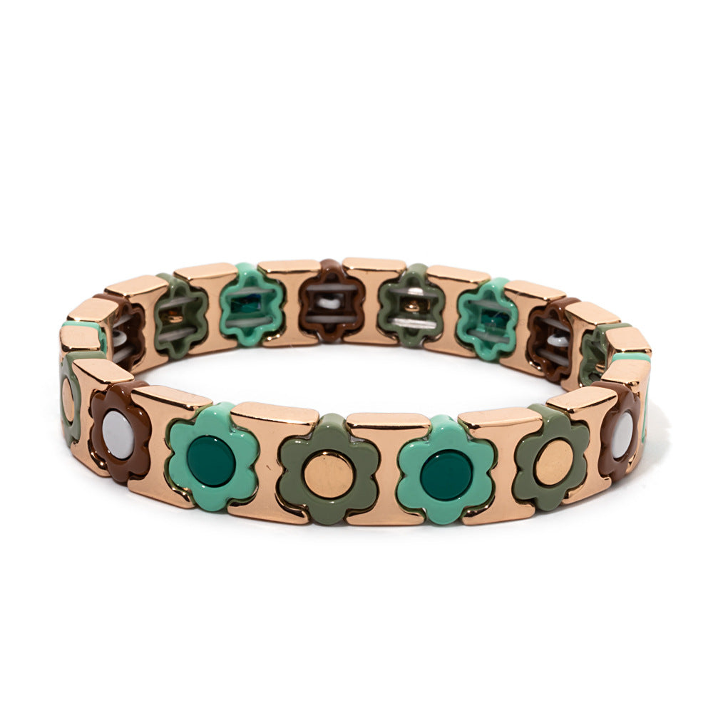 European and American enamel adjustable elastic bracelet for women, summer niche high-end enamel floral bracelet vintage