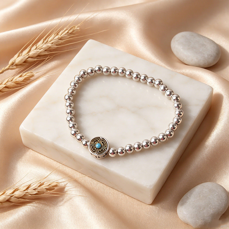 New Style Imitation Silver Tibetan Silver Lucky Cat Pendant Bracelet Glossy Silver Beads Bracelet Simple All-Match Design Jewelry Wholesale