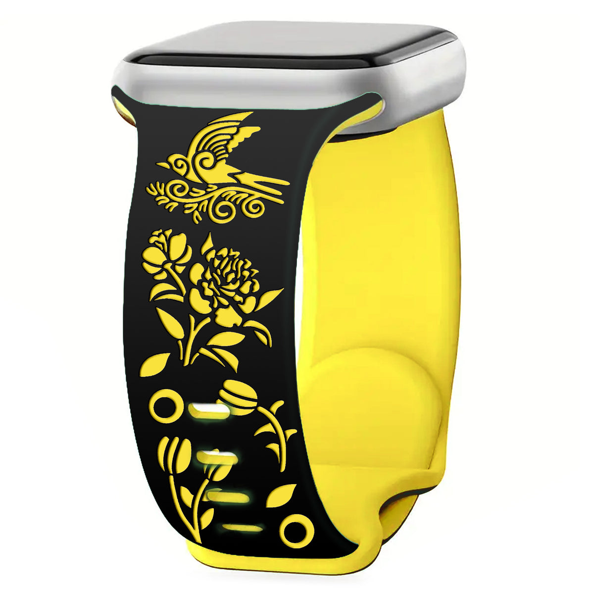 Iwatchs11 Laser-Engraved Silicone Butterfly Buckle Bird and Flower Watch Strap 8-Shaped Buckle Two-Color Watch Strap