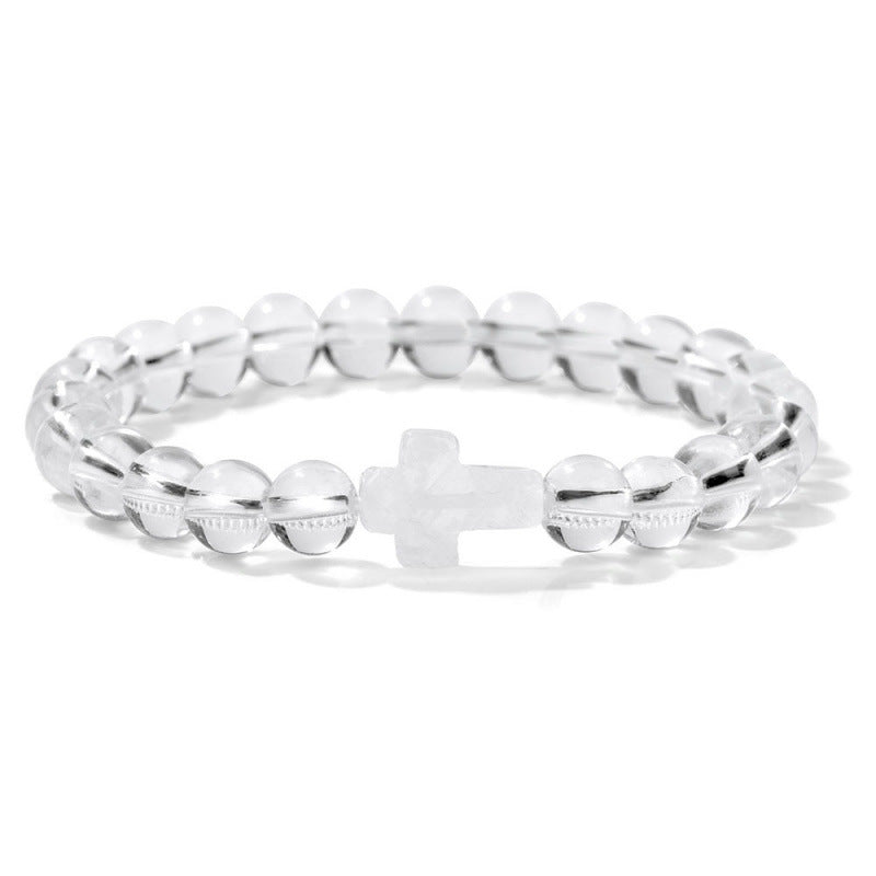 Temu Hot Selling Natural Stone Cross Bracelet Women's Glossy Indian Agate Beads Beaded Bracelet Elastic Bracelet
