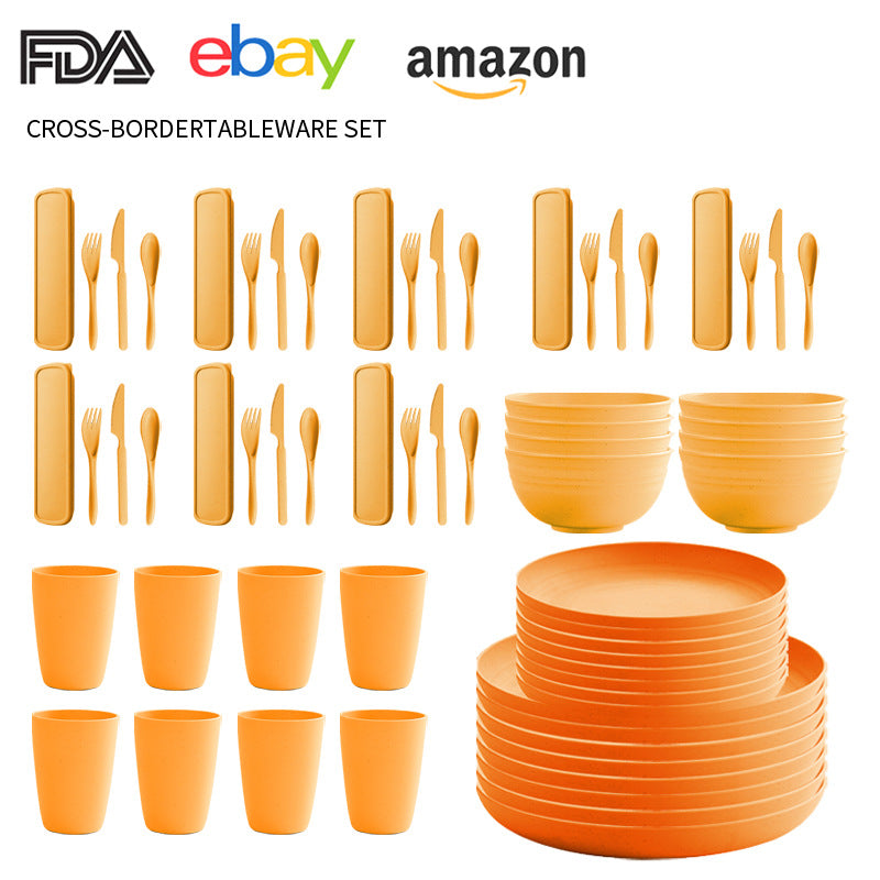 Cross-border Amazon Wheat Straw Tableware suit Black Plate Bowl Cup Knife and Fork Spoon Portable Tableware Bowl Plate suit