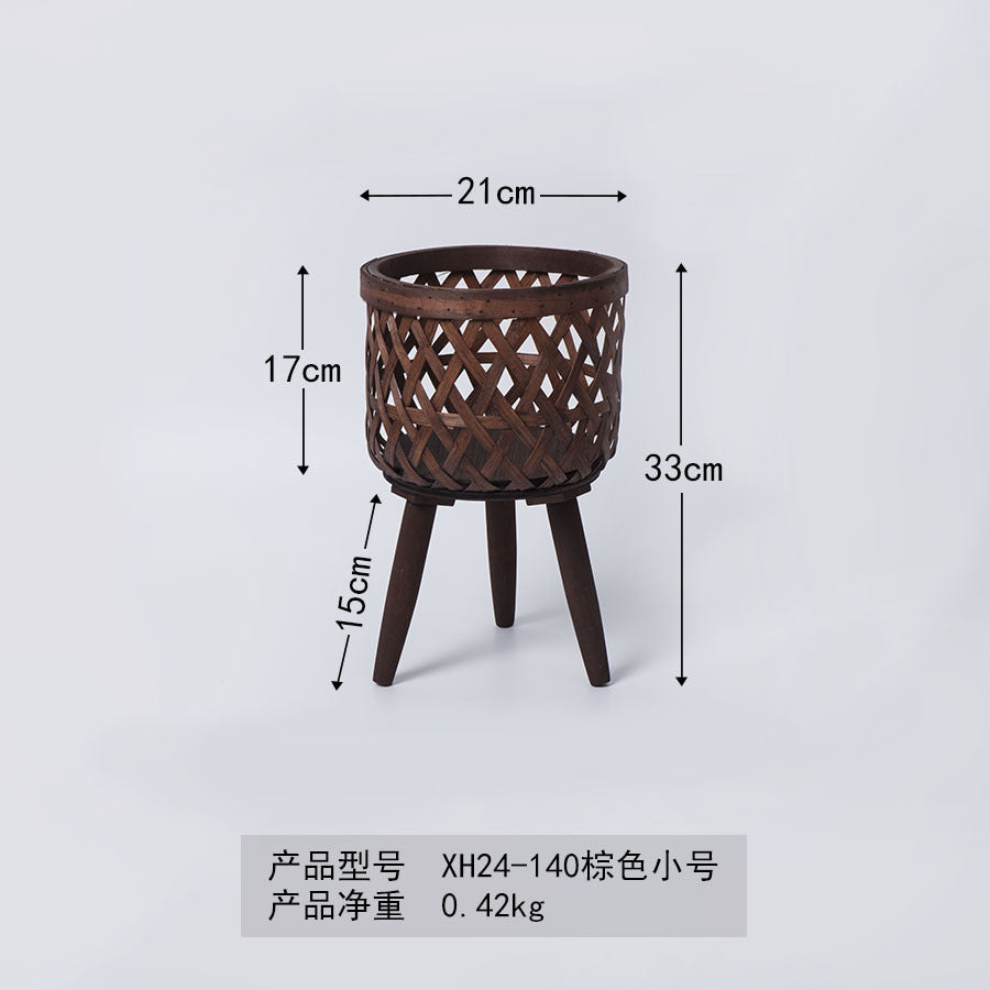 Nordic Style Rattan Flower Pot Indoor Balcony Living Room Plant Green Rose Hand-Woven Wooden High Foot Floor Flower Rack