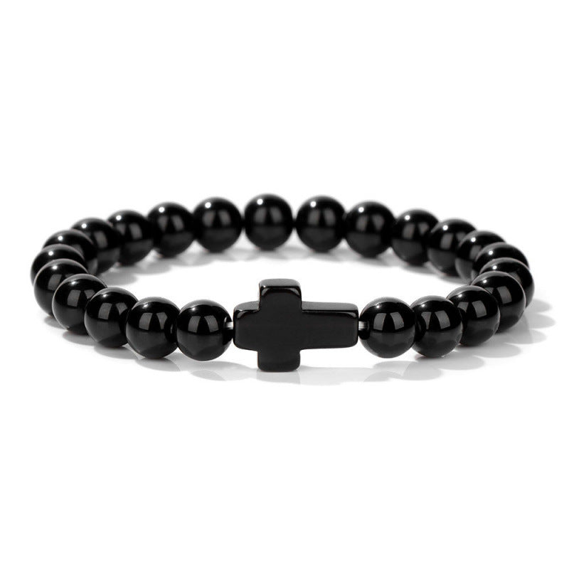 Temu Hot Selling Natural Stone Cross Bracelet Women's Glossy Indian Agate Beads Beaded Bracelet Elastic Bracelet