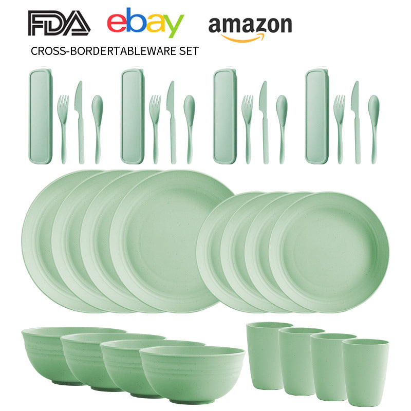 Cross-border Amazon Wheat Straw Tableware suit Black Plate Bowl Cup Knife and Fork Spoon Portable Tableware Bowl Plate suit