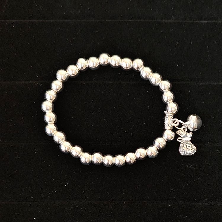 Beaded Lucky Cat Bracelet, Silver-Plated Bracelet with Round Beads, Elastic Cord Handmade Beaded Bracelet from Yunnan, Guizhou, and Sichuan, Auspicious Elephant Bell