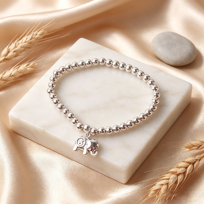 New Style Imitation Silver Tibetan Silver Lucky Cat Pendant Bracelet Glossy Silver Beads Bracelet Simple All-Match Design Jewelry Wholesale