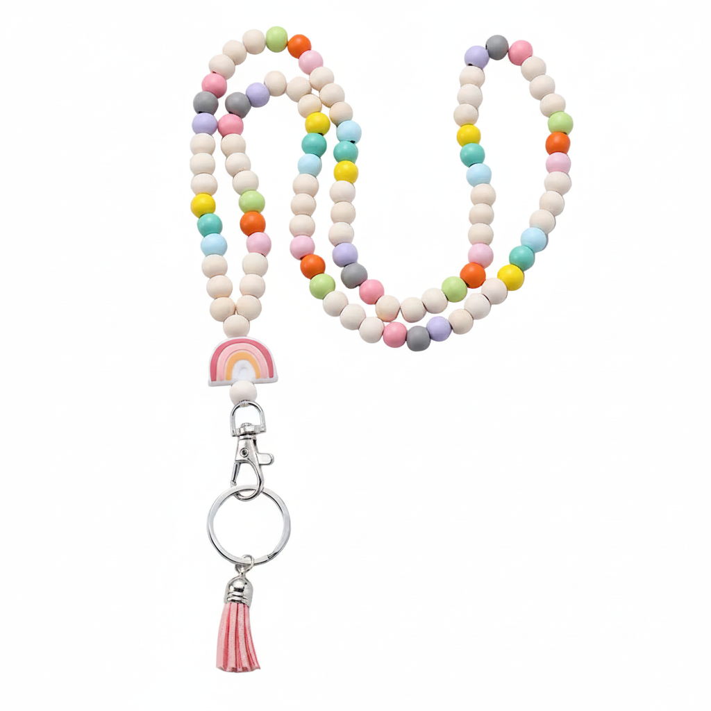 wooden beads handmade keychain rainbow tassel pendant key ring   necklace  card lanyard pendant