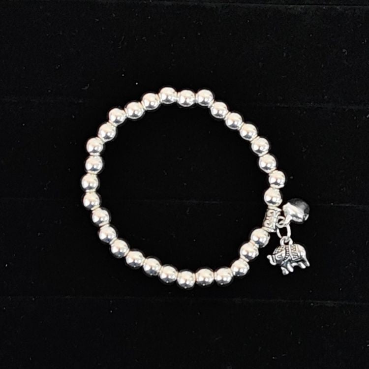 Beaded Lucky Cat Bracelet, Silver-Plated Bracelet with Round Beads, Elastic Cord Handmade Beaded Bracelet from Yunnan, Guizhou, and Sichuan, Auspicious Elephant Bell