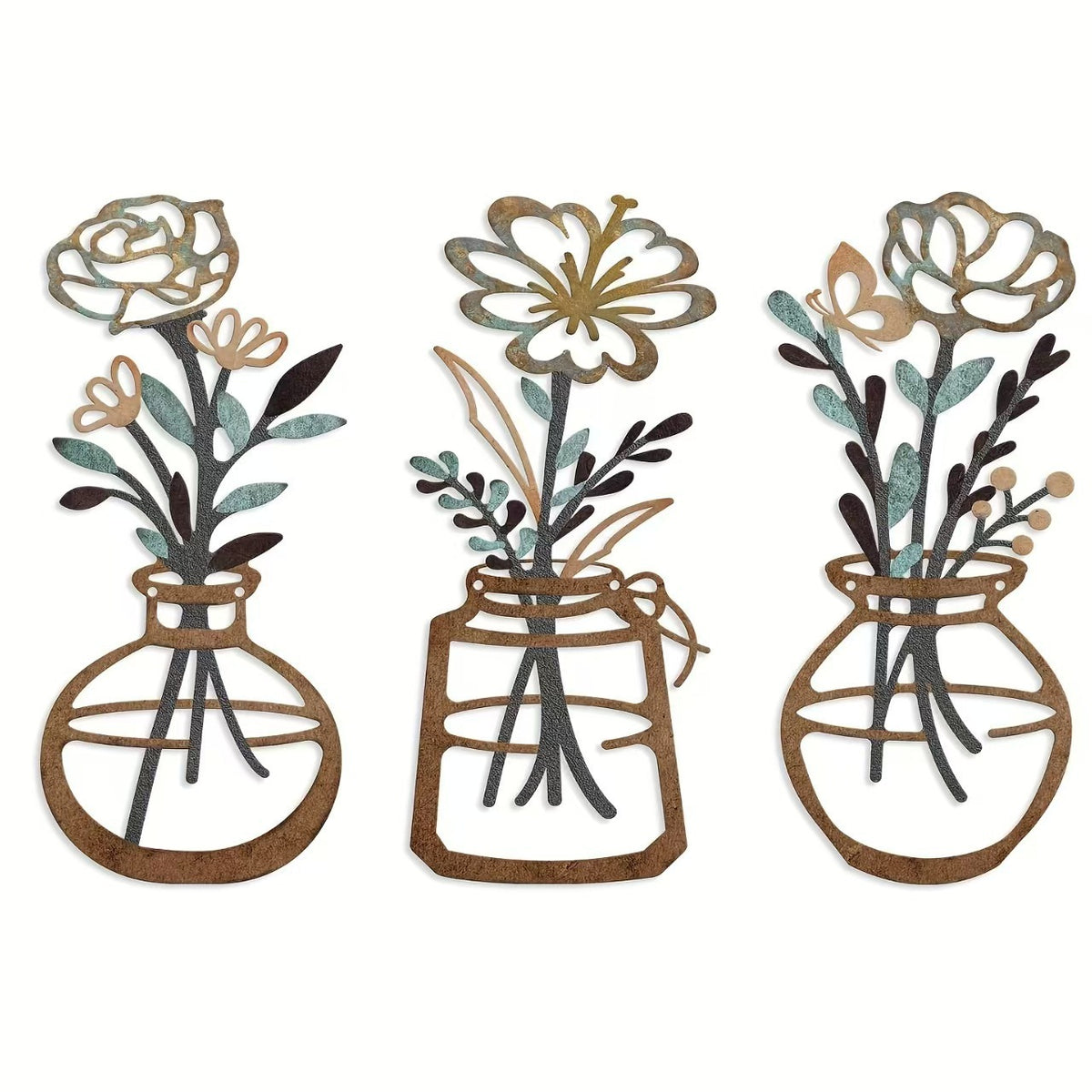 Amazon Three-Piece Metal Flower Wall Decoration Flower Home Bedroom Iron Painting Metal Vase Wall Hanging
