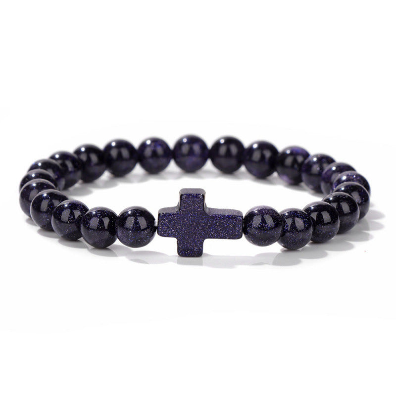 Temu Hot Selling Natural Stone Cross Bracelet Women's Glossy Indian Agate Beads Beaded Bracelet Elastic Bracelet