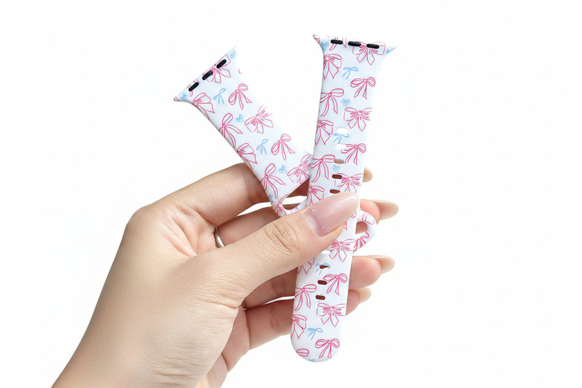 Compatible with Apple Watch9/S11 Smart Watch Sweet Pink Blue Bow Printed Silicone Watch Strap