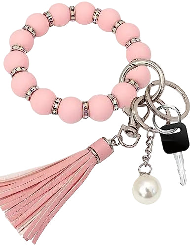 Silicone Key Ring Bracelet Wristlet Keychain with Silver Shiny Zircon and Leather Tassel