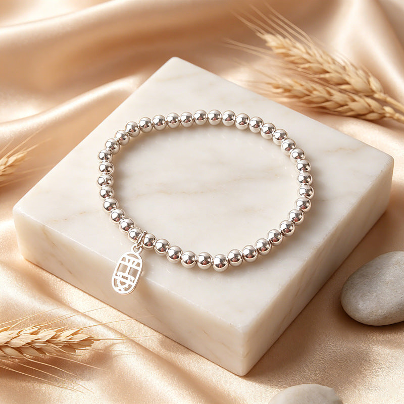 New Style Imitation Silver Tibetan Silver Lucky Cat Pendant Bracelet Glossy Silver Beads Bracelet Simple All-Match Design Jewelry Wholesale