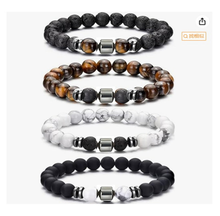 Popular Amazon European and American Men's Fashion Set, Stylish Tiger Eye Volcanic Stone Bracelet, White Pine Snowflake Bracelet, Versatile Accessories