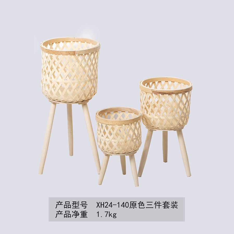 Nordic Style Rattan Flower Pot Indoor Balcony Living Room Plant Green Rose Hand-Woven Wooden High Foot Floor Flower Rack