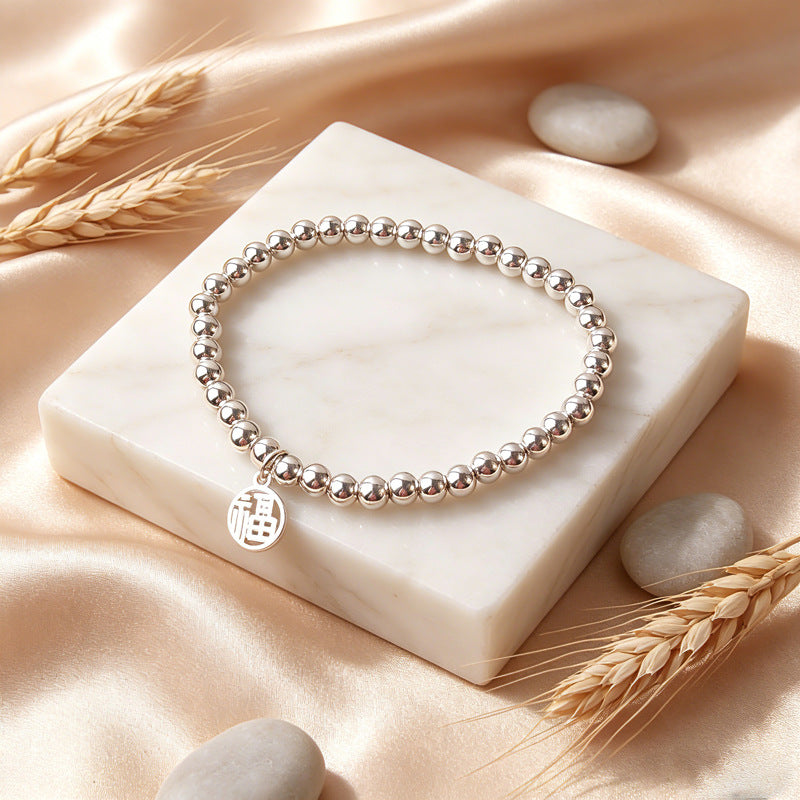 New Style Imitation Silver Tibetan Silver Lucky Cat Pendant Bracelet Glossy Silver Beads Bracelet Simple All-Match Design Jewelry Wholesale