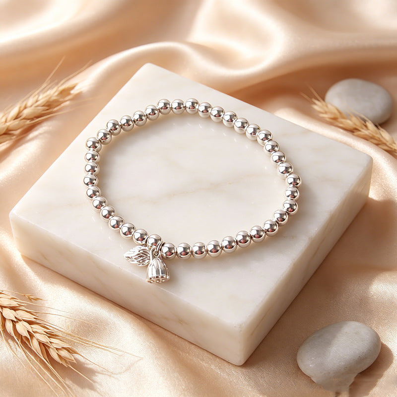 New Style Imitation Silver Tibetan Silver Lucky Cat Pendant Bracelet Glossy Silver Beads Bracelet Simple All-Match Design Jewelry Wholesale