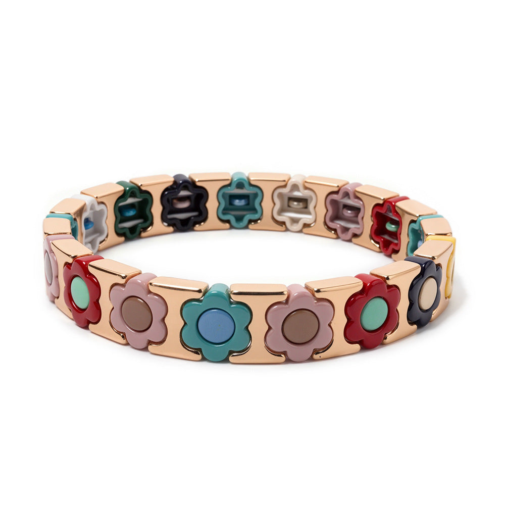 European and American enamel adjustable elastic bracelet for women, summer niche high-end enamel floral bracelet vintage