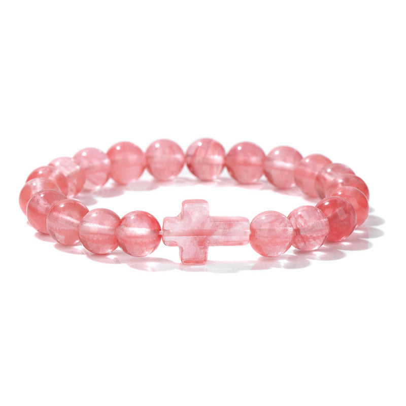 Temu Hot Selling Natural Stone Cross Bracelet Women's Glossy Indian Agate Beads Beaded Bracelet Elastic Bracelet
