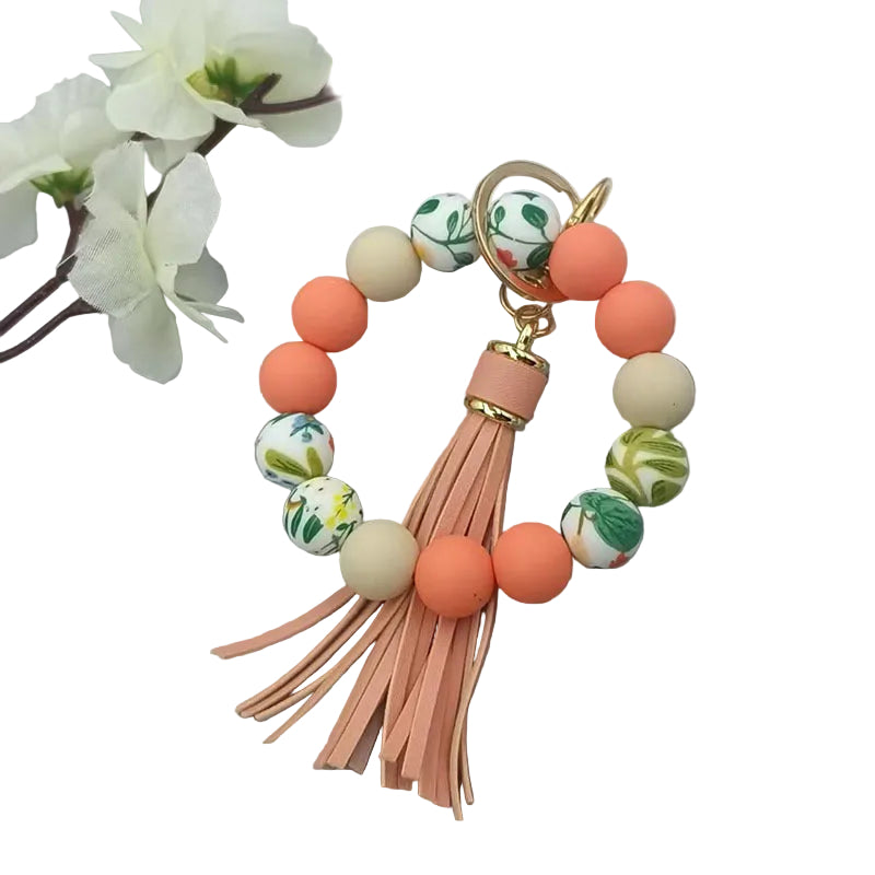 Silicone  Round Beaded Bracelet Tassel Keychain Bag Pendant