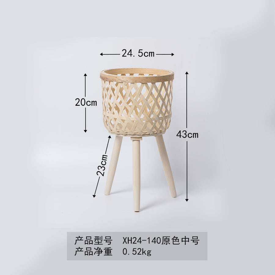 Nordic Style Rattan Flower Pot Indoor Balcony Living Room Plant Green Rose Hand-Woven Wooden High Foot Floor Flower Rack
