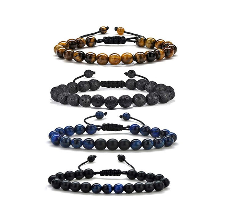 Popular Amazon European and American Men's Fashion Set, Stylish Tiger Eye Volcanic Stone Bracelet, White Pine Snowflake Bracelet, Versatile Accessories