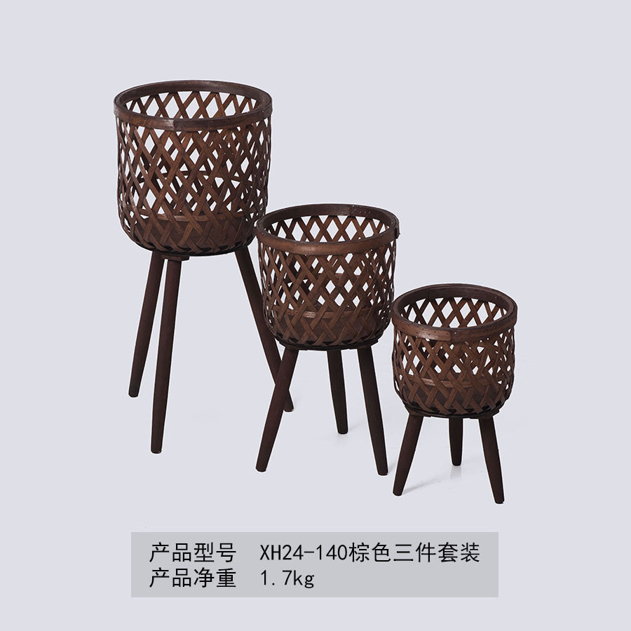 Nordic Style Rattan Flower Pot Indoor Balcony Living Room Plant Green Rose Hand-Woven Wooden High Foot Floor Flower Rack