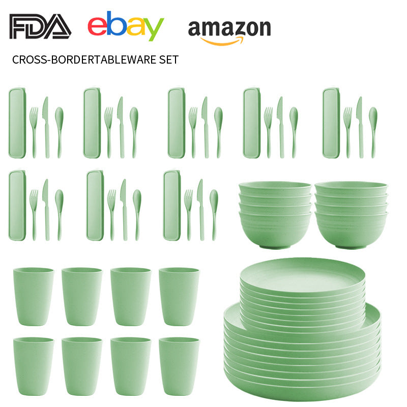 Cross-border Amazon Wheat Straw Tableware suit Black Plate Bowl Cup Knife and Fork Spoon Portable Tableware Bowl Plate suit