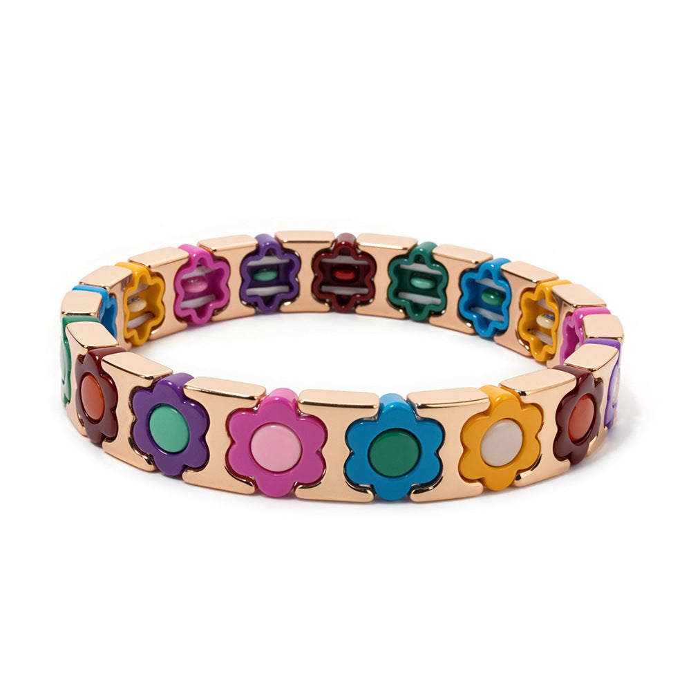 European and American enamel adjustable elastic bracelet for women, summer niche high-end enamel floral bracelet vintage