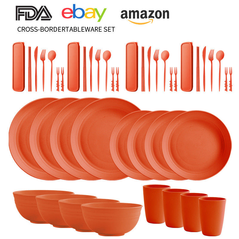 Cross-border Amazon Wheat Straw Tableware suit Black Plate Bowl Cup Knife and Fork Spoon Portable Tableware Bowl Plate suit