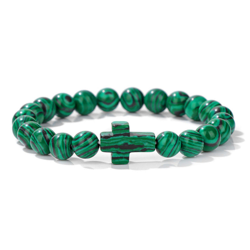 Temu Hot Selling Natural Stone Cross Bracelet Women's Glossy Indian Agate Beads Beaded Bracelet Elastic Bracelet