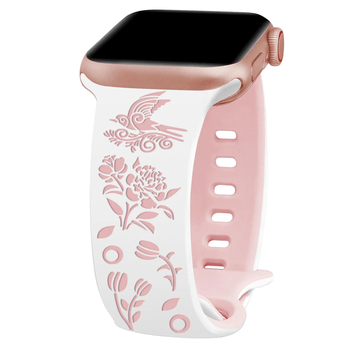 Iwatchs11 Laser-Engraved Silicone Butterfly Buckle Bird and Flower Watch Strap 8-Shaped Buckle Two-Color Watch Strap