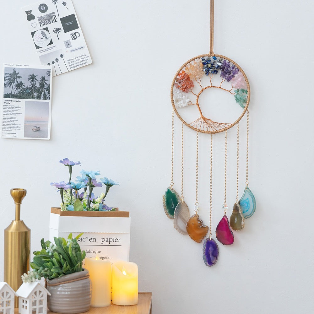 Natural Crystal Jade Seven-Chakra Energy Stone Agate Piece Tree of Life Wind Chime Wall Handmade Colorful