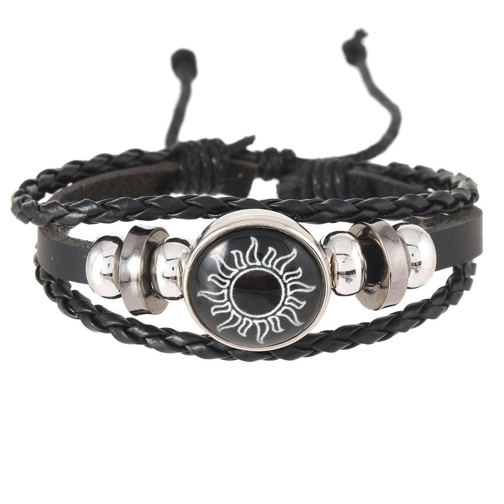 Cross-border hand-woven sun and moon lovers' time leather bracelet, vintage multi-layer beaded peace tree couple's wristband