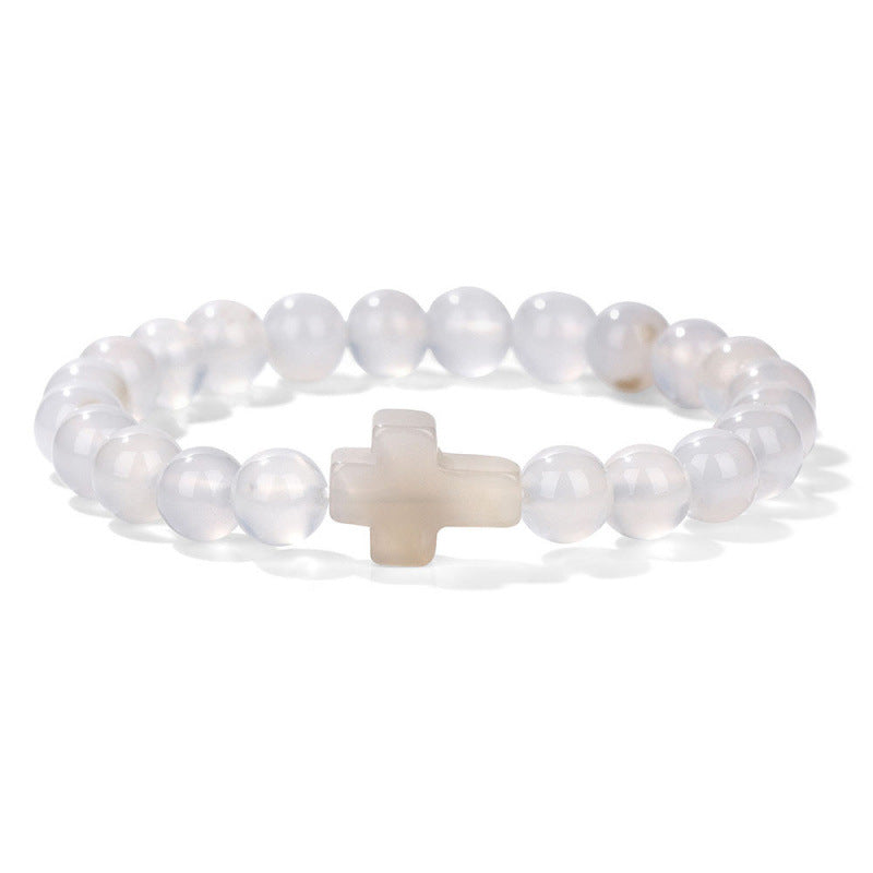 Temu Hot Selling Natural Stone Cross Bracelet Women's Glossy Indian Agate Beads Beaded Bracelet Elastic Bracelet