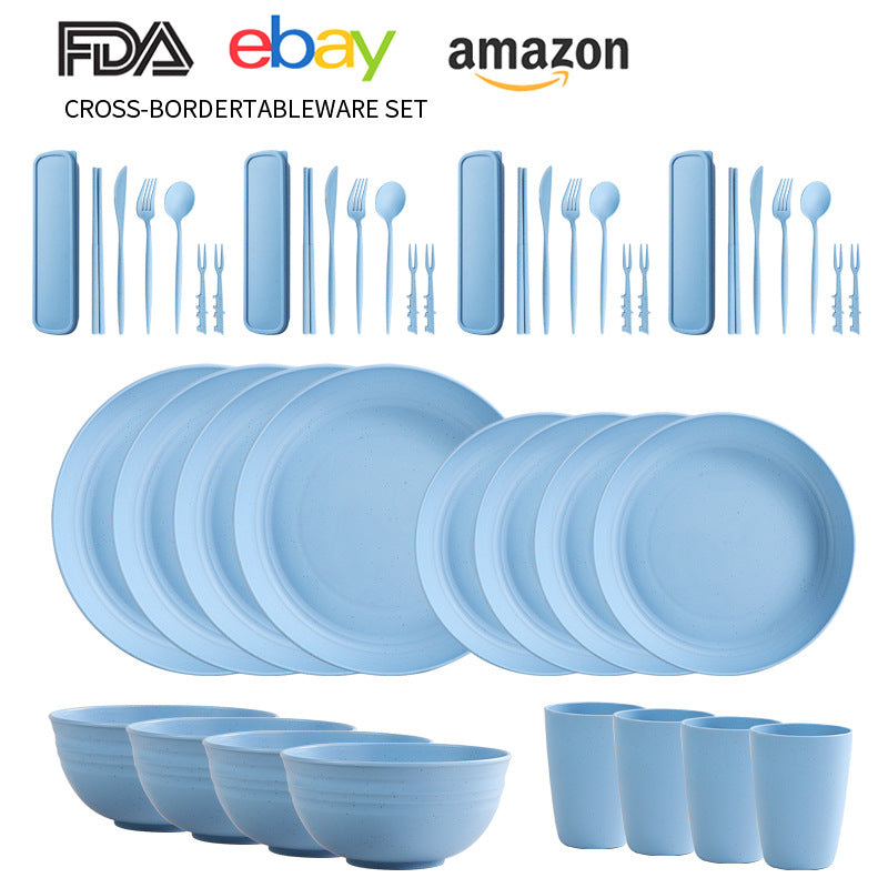 Cross-border Amazon Wheat Straw Tableware suit Black Plate Bowl Cup Knife and Fork Spoon Portable Tableware Bowl Plate suit