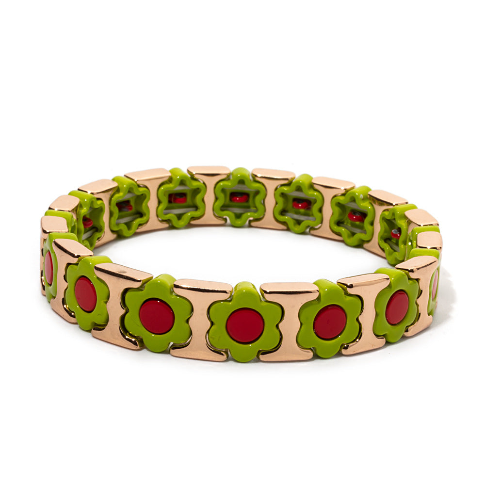 European and American enamel adjustable elastic bracelet for women, summer niche high-end enamel floral bracelet vintage