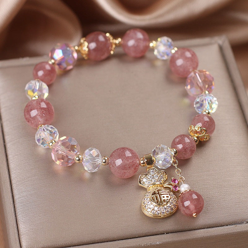 Pink Beauty Strawberry Crystal Pendant Bracelet Women's Bracelet Peach Blossom Zircon Strawberry Crystal Bracelet Ins Style Cute Jewelry Women