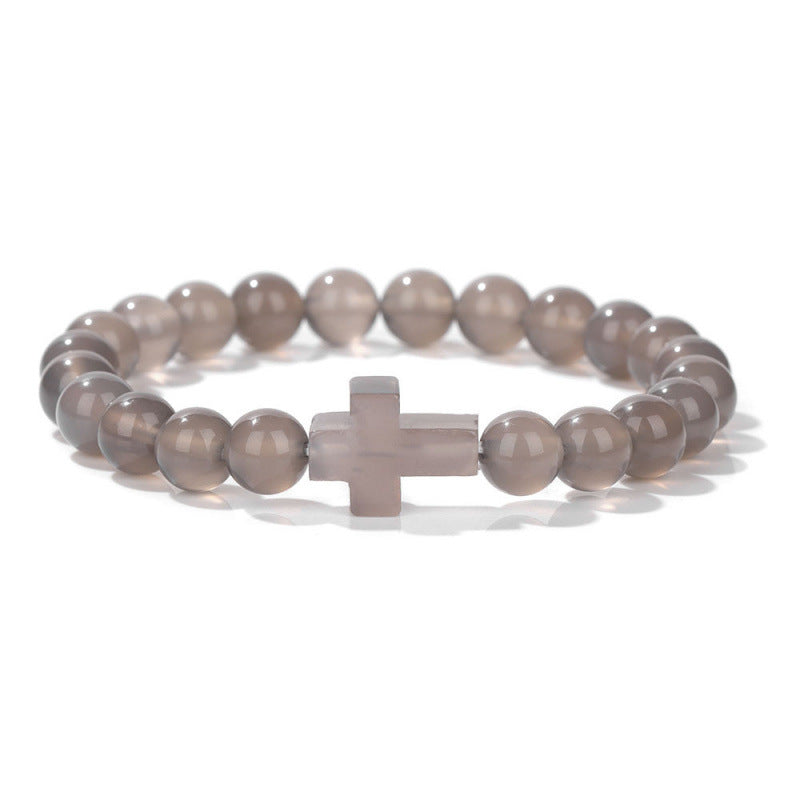 Temu Hot Selling Natural Stone Cross Bracelet Women's Glossy Indian Agate Beads Beaded Bracelet Elastic Bracelet