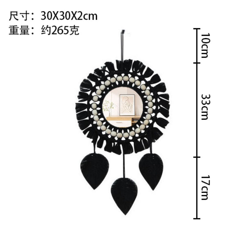 Nordic Mirror Decoration Bohemian Style Woven Handmade Cotton Thread Wooden Bead Tapestry Mirror Bedroom Vanity Mirror Ins Style