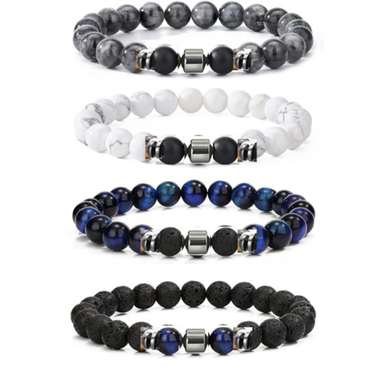 Popular Amazon European and American Men's Fashion Set, Stylish Tiger Eye Volcanic Stone Bracelet, White Pine Snowflake Bracelet, Versatile Accessories
