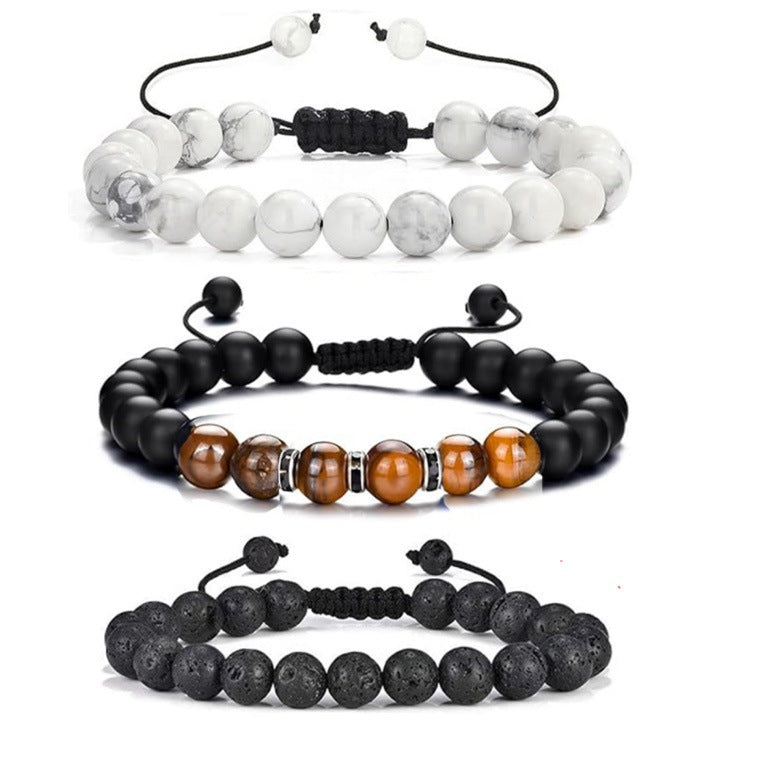 Popular Amazon European and American Men's Fashion Set, Stylish Tiger Eye Volcanic Stone Bracelet, White Pine Snowflake Bracelet, Versatile Accessories