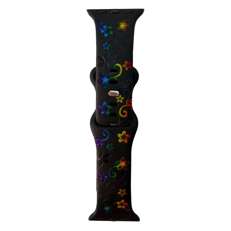 Silicone Watch Bands Suitable for All Models of Apple Watch S11, Colorful Flower-Engraved Replacement Bands