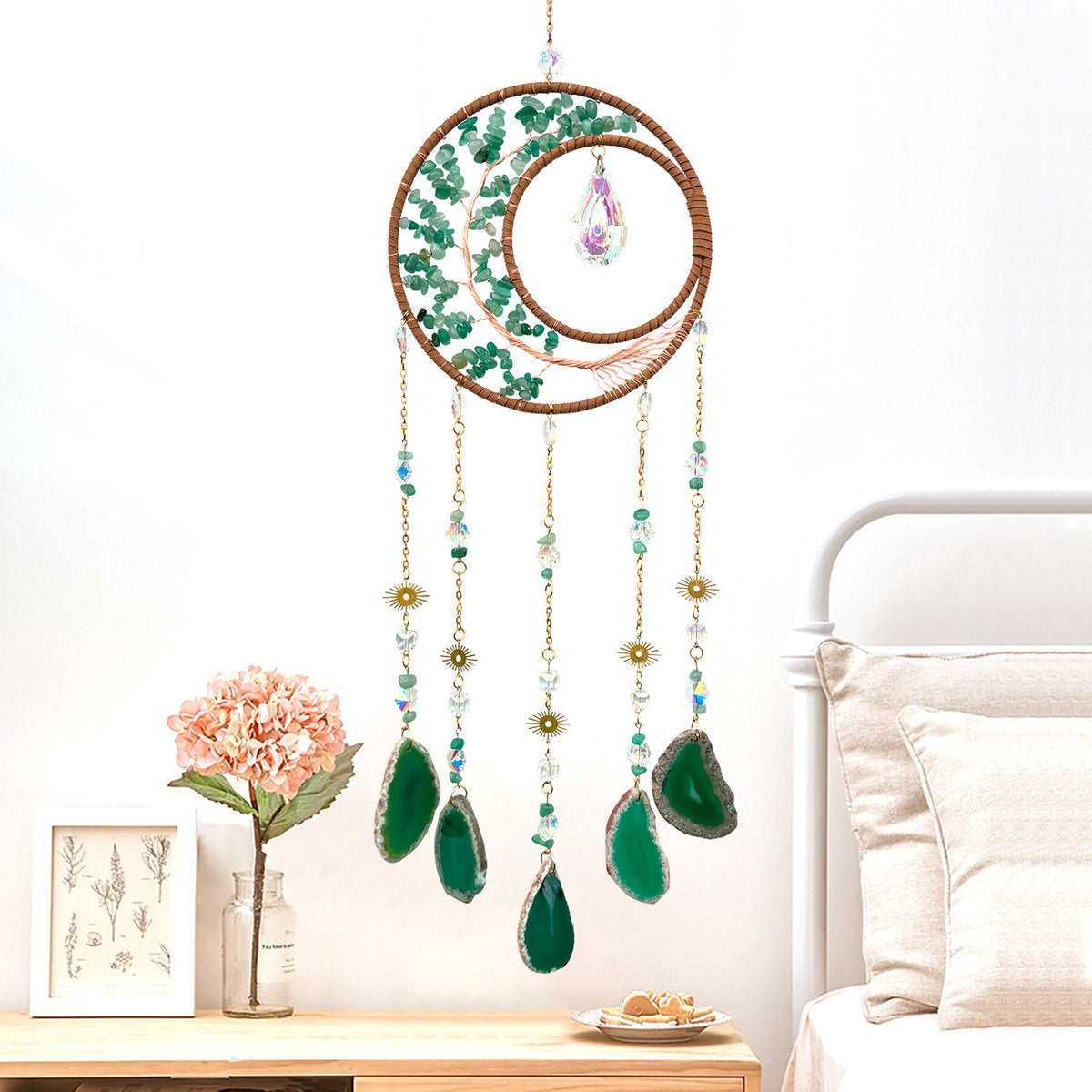 Cross-border New Natural Crystal Original Stone Life Tree Gravel Moon Sun Catcher Wind Bell Pendant Garden Hanging Ornaments
