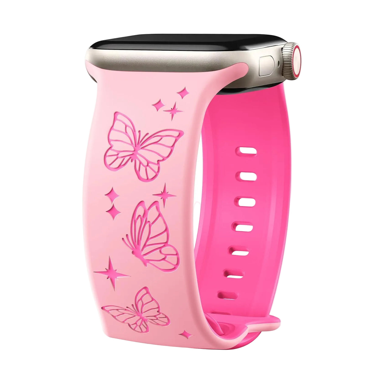 Silicone Two-Tone Butterfly Carved Watch Band with Figure-Eight Buckle, 3D Laser Engraving, Pink iWatch Smart